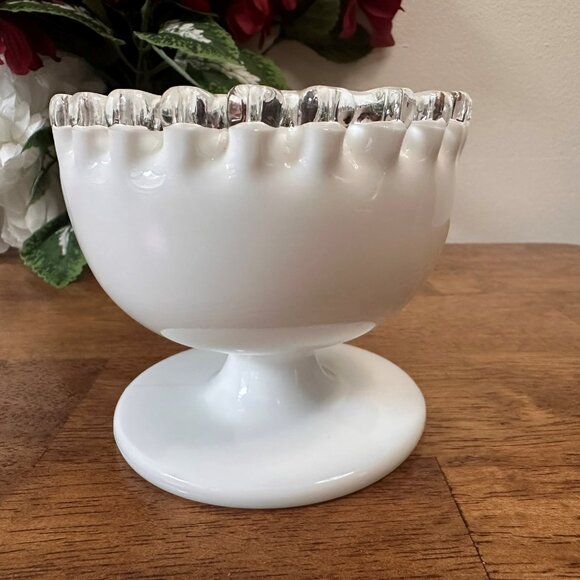 Fenton Silver Crest Crimped White Milk Glass Pedestal Bowl Vintage Wedding Decor - Picture 3 of 5